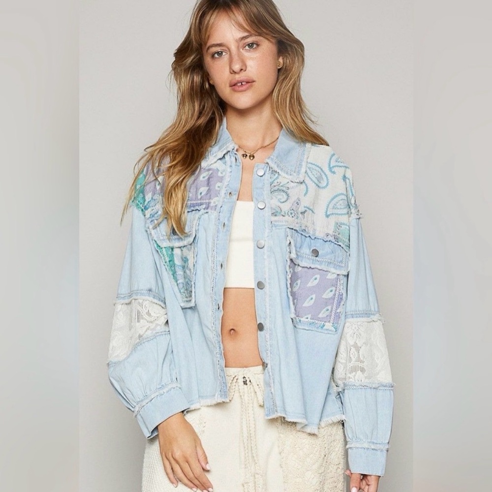 POL Patchwork Boho Chic Lace Panel Lightweight Ov… - image 1